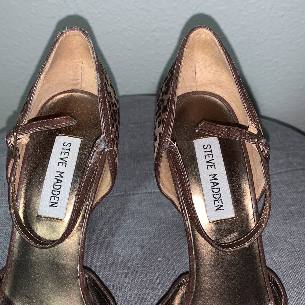 Steve Madden Maggie leopard print peep toe platform heels Sz 7.5 ankle tie - Picture 9 of 17